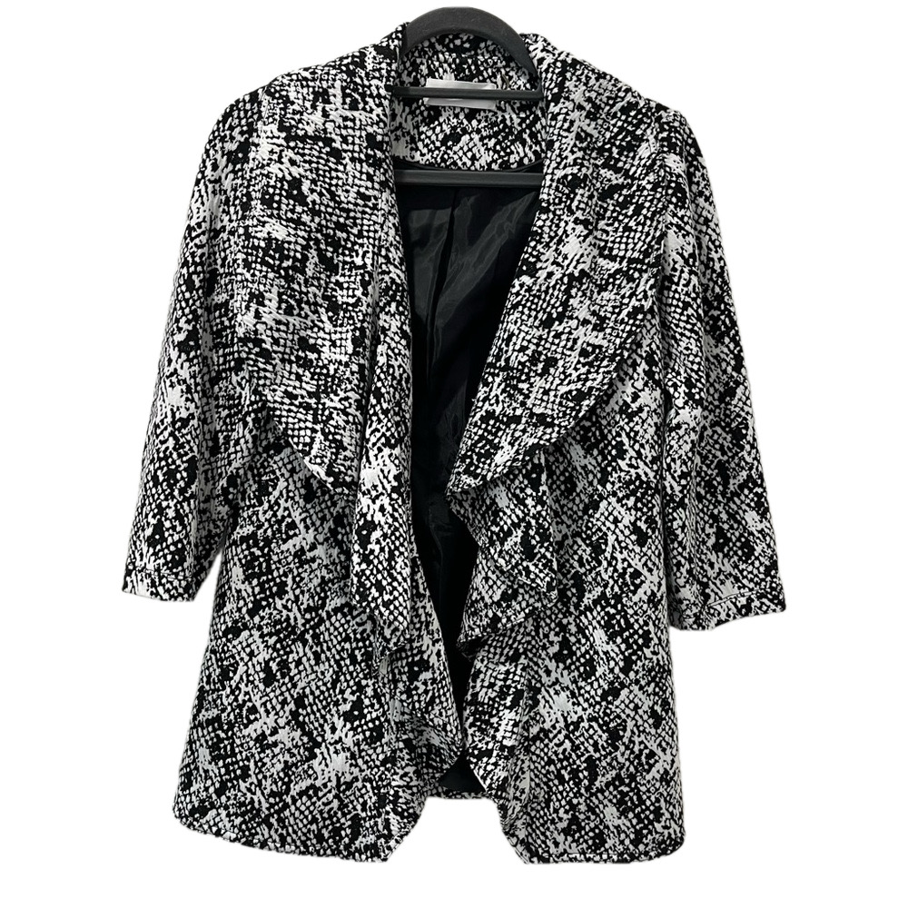 Calvin Klein Open Drape Ruffled Jacket, Black/White Snackeprint, Women’s Size 2